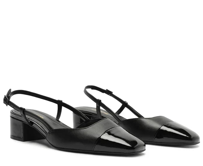 Sapatilha Slingback Salto Bloco Ponta Verniz Preta
