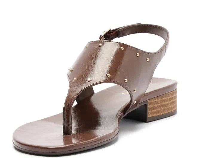 Sandália Salto Bloco Tachas Marrom Cinammon