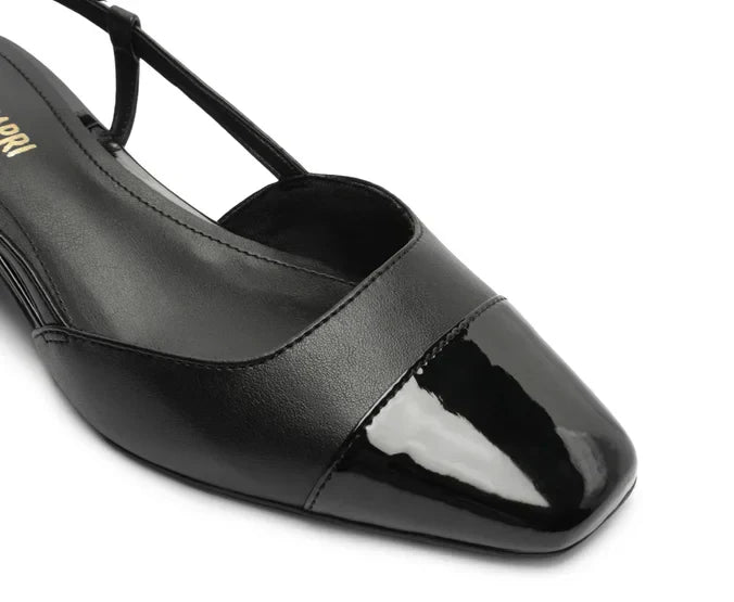 Sapatilha Slingback Salto Bloco Ponta Verniz Preta