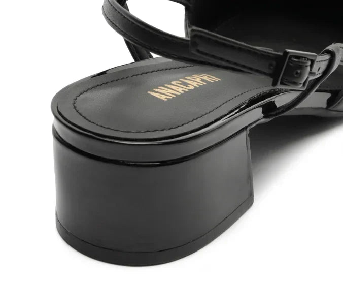 Sapatilha Slingback Salto Bloco Ponta Verniz Preta